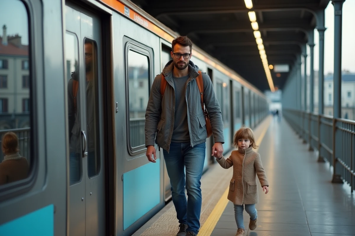 Pere et fille montant dans un train Ligne 4 à Paris