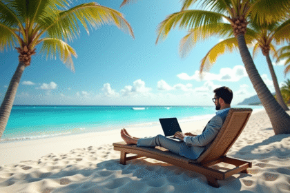 Professionnel d'affaires relaxant sur une plage tropicale avec ordinateur