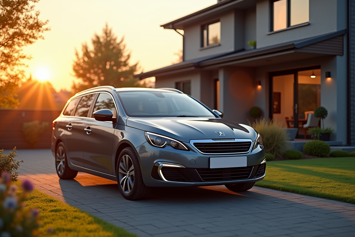Peugeot 308 Break devant maison moderne en fin d'après midi