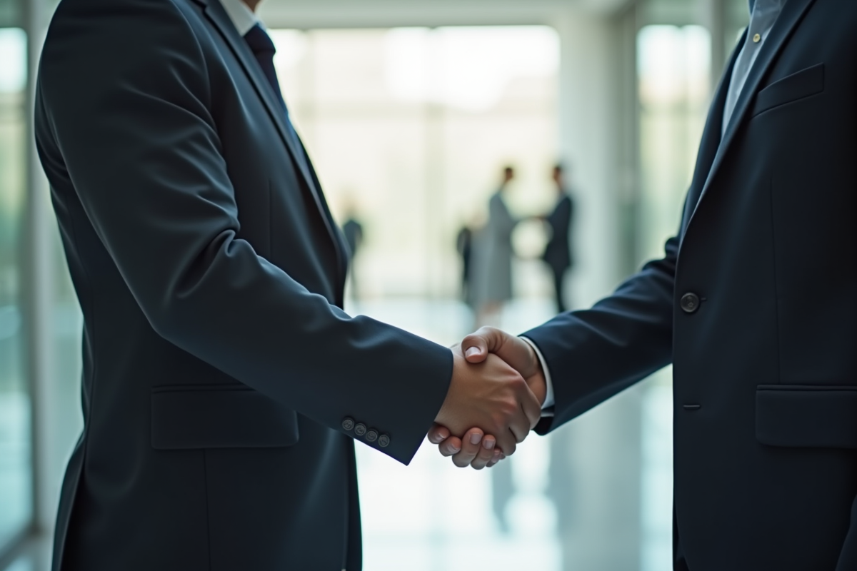Poignee de main entre deux professionnels en lobby lumineux