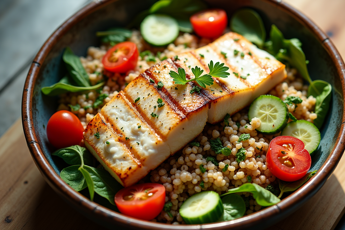 Poisson blanc grillé avec salade de quinoa et tomates cerises