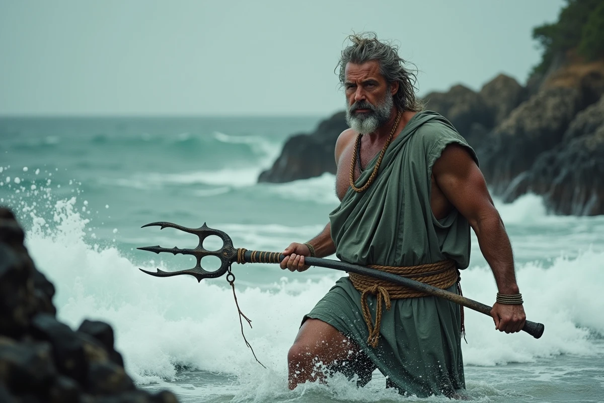 Homme robuste aux cheveux sel-et-poivre tenant un trident dans une mer agitée avec des vagues se fracassant sur des rochers, incarnant Poséidon dieu des mers
