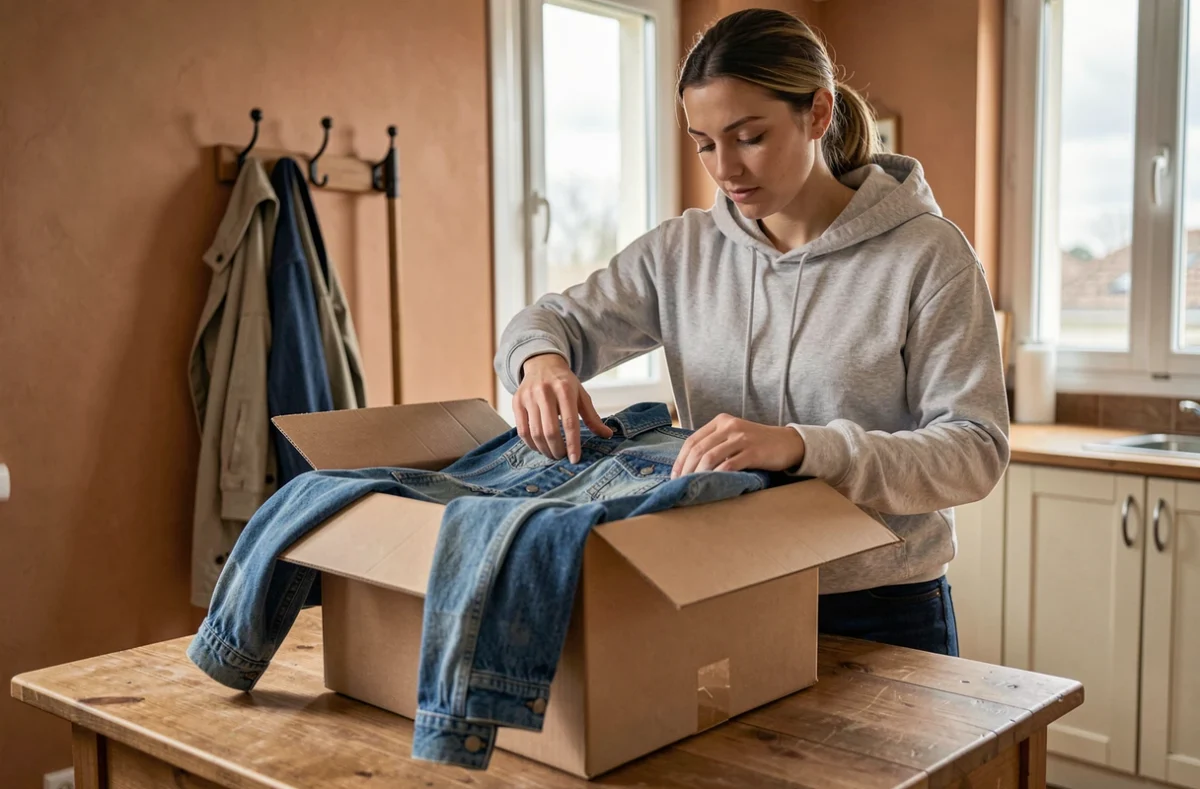 Femme préparant un colis Vinted pour un envoi via un point relais Vinted Go à Aulnay-sous-Bois