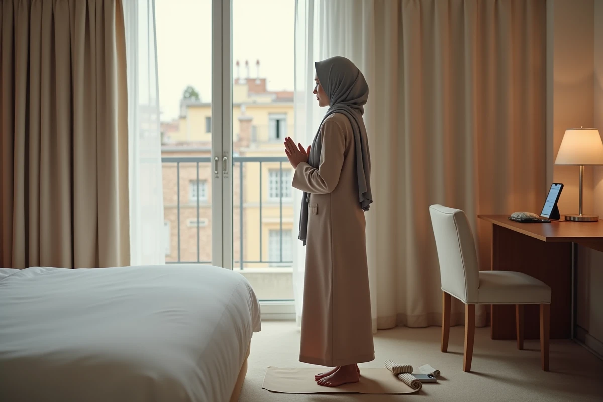 Femme portant le hijab priant dans une chambre d'hôtel avec une application boussole indiquant la direction de la qibla