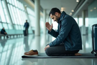Homme en voyage effectuant la prière musulmane sur un tapis de prière dans un terminal d'aéroport moderne