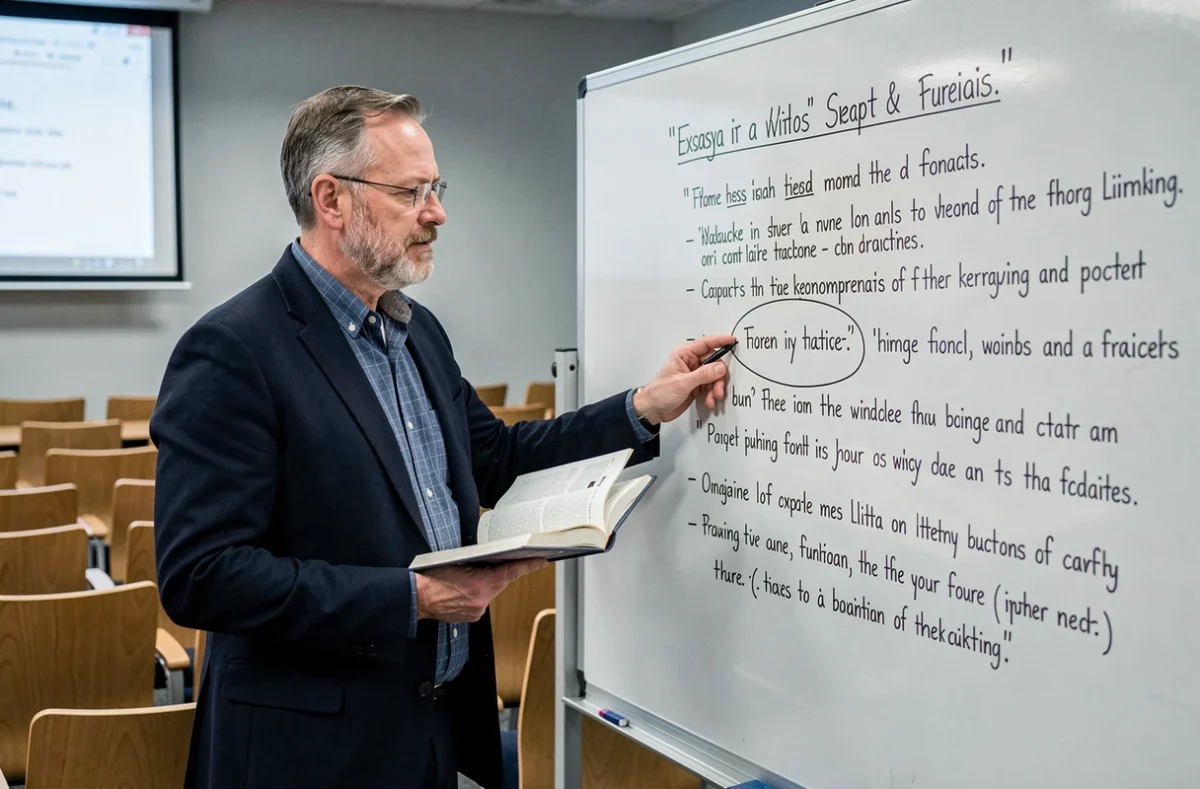 Professeur expliquant la méthode de citation d'un texte littéraire au tableau dans une salle de séminaire universitaire