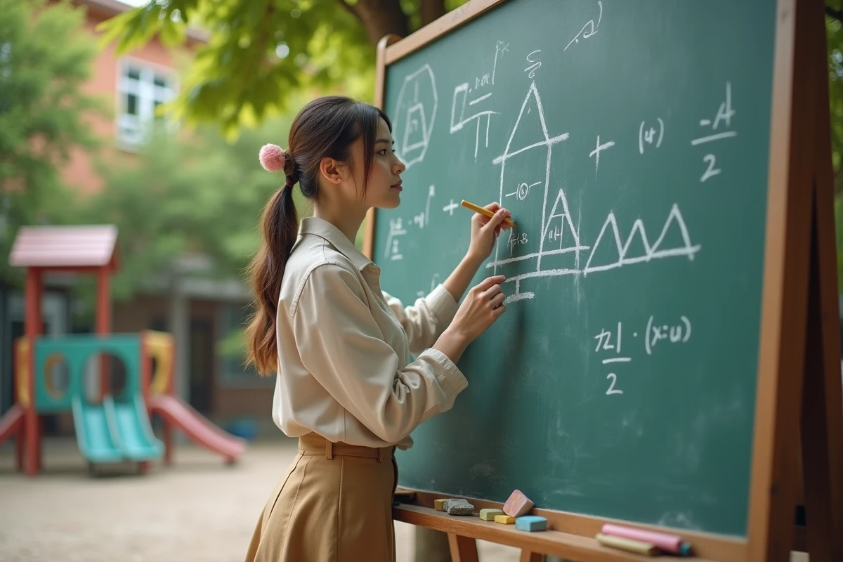 Professeure de maths dessinant une pyramide sur le tableau dehors