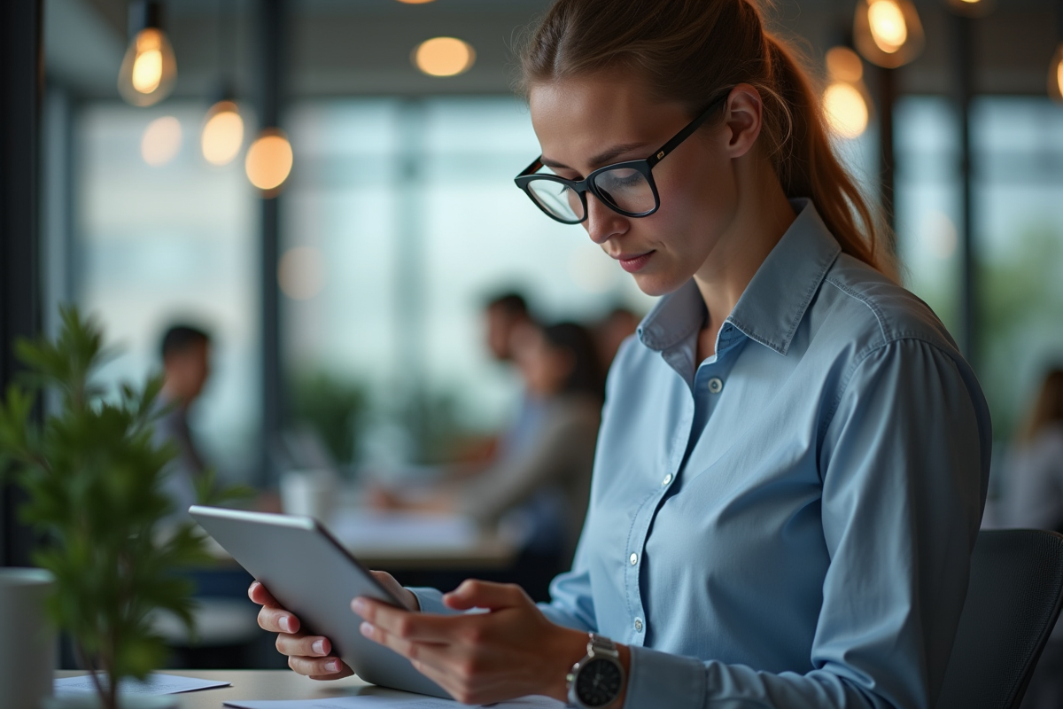 Professionnel utilisant une tablette pour trier des emails dans un espace de coworking