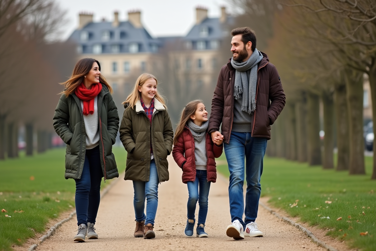 Famille diversifiée se promenant dans un parc parisien