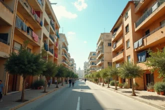 Rue animée du quartier nord de Marseille avec immeubles en béton, balcons et habitants marchant sur le trottoir