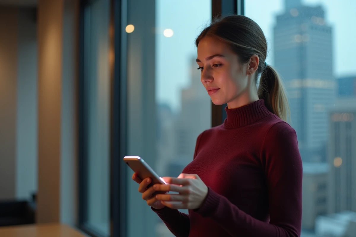 Jeune professionnelle hésitant à rappeler un numéro inconnu sur son téléphone dans un espace de coworking moderne