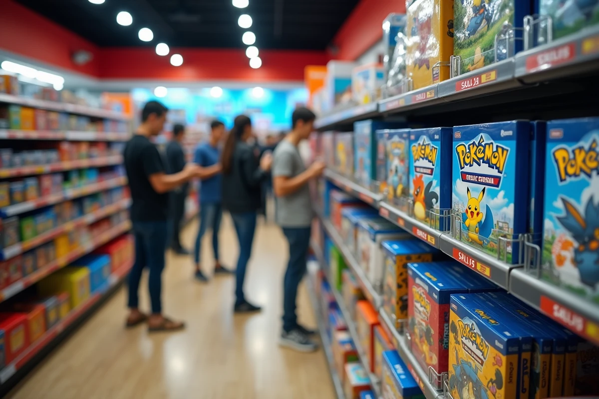 Rayons d'un magasin de jeux vidéo remplis de boîtes Pokémon lors d'une sortie très attendue en 2026