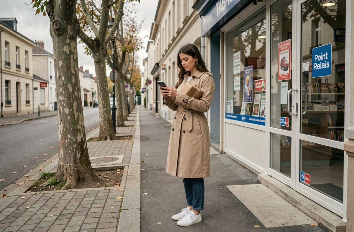 Jeune femme cherchant un point relais Vinted Go à Aulnay-sous-Bois avec son téléphone devant un tabac