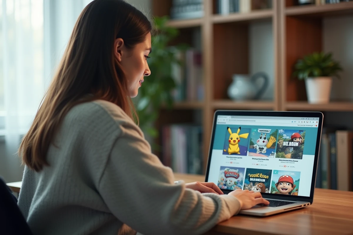 Femme consultant des disponibilités de jeux Pokémon en ligne sur ordinateur portable depuis chez elle