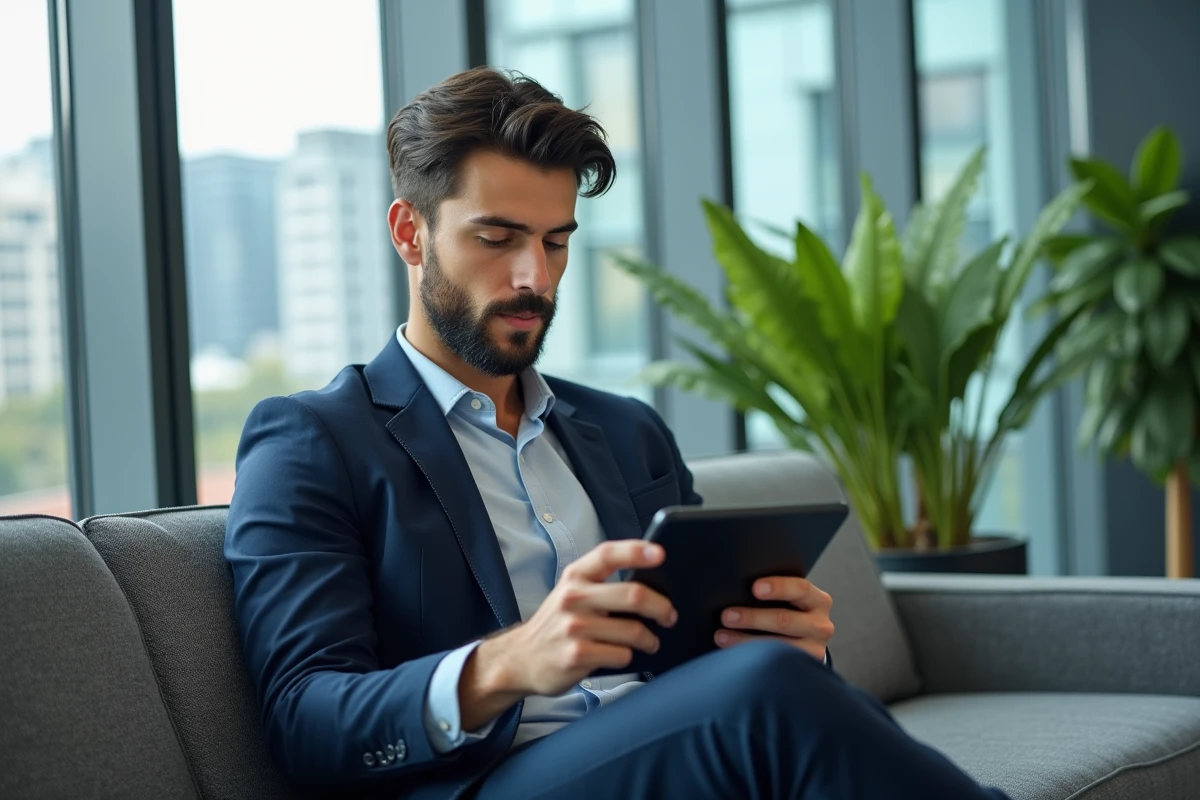Jeune recruteur étudiant des profils sur une tablette à SaintÉtienne