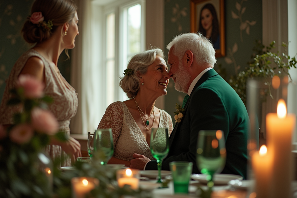 Couple de seniors échangeant des vœux dans une décoration émeraude à la maison