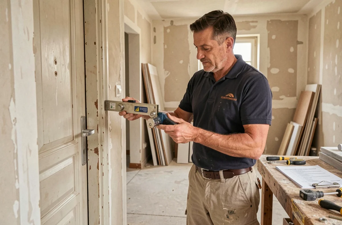 Spécialiste Rénov'Bat tenant une serrure certifiée lors d'une rénovation de porte aux normes