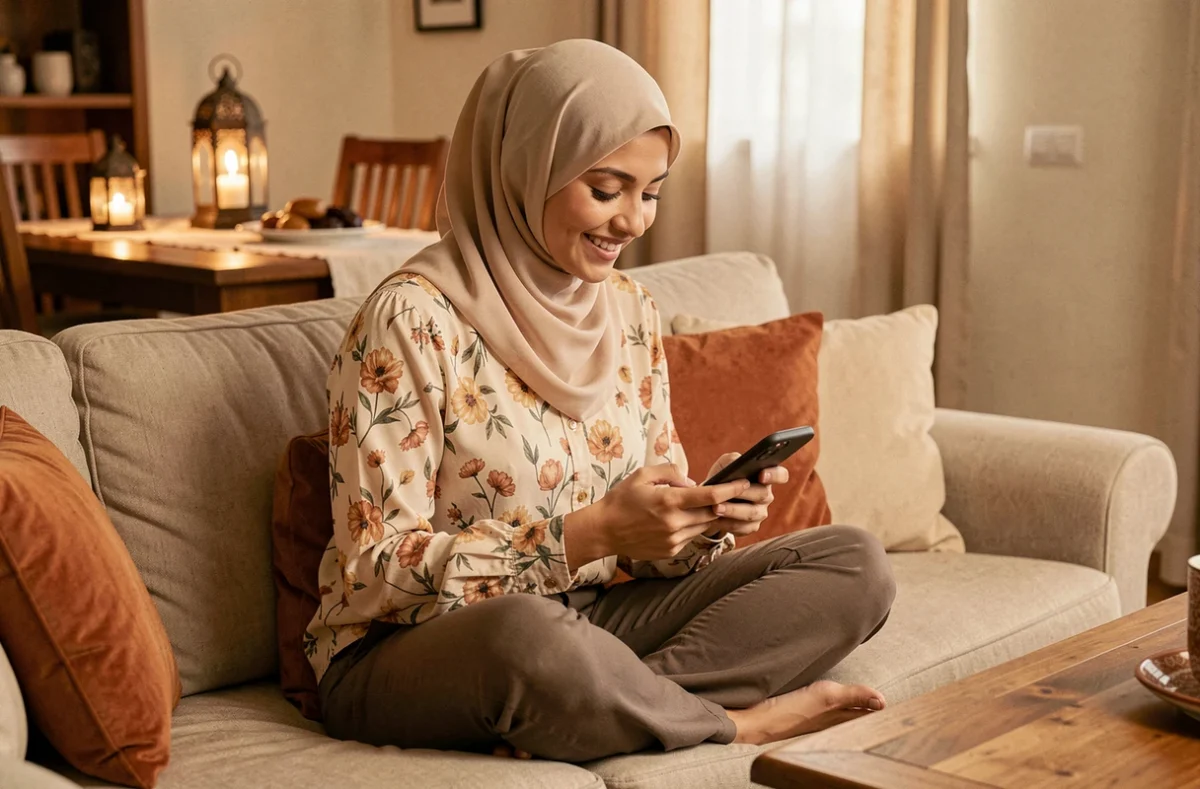 Jeune femme en hijab souriante répondant à 'Saha ftourkoum' sur son smartphone pendant le Ramadan