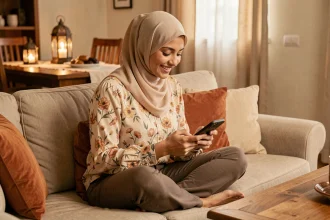 Jeune femme en hijab souriante répondant à 'Saha ftourkoum' sur son smartphone pendant le Ramadan