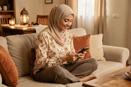Jeune femme en hijab souriante répondant à 'Saha ftourkoum' sur son smartphone pendant le Ramadan