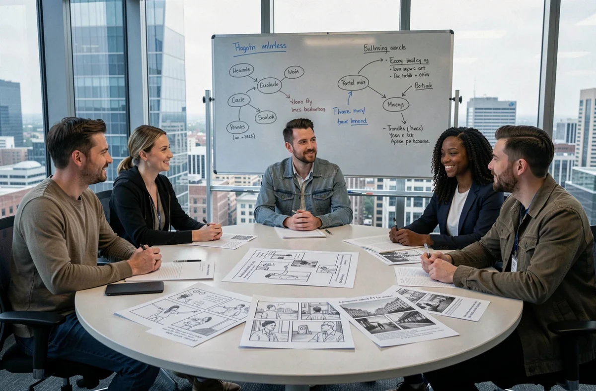 Réunion de production cinématographique autour des fins alternatives d'Amazing Spider-Man 3 avec storyboards et scripts