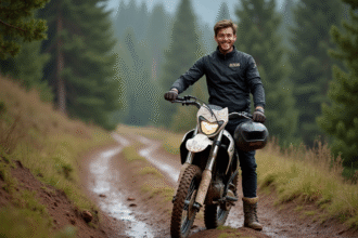 Jeune homme en enduro dans la forêt avec moto 125cc