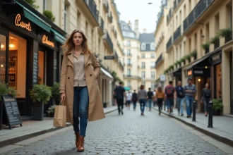 Vue de la Rue Vivienne à Paris avec ses façades haussmanniennes et une passante en imperméable beige marchant sur les pavés