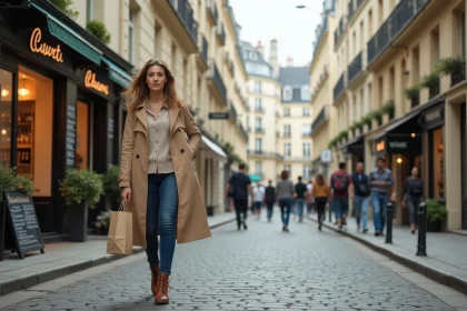 Vue de la Rue Vivienne à Paris avec ses façades haussmanniennes et une passante en imperméable beige marchant sur les pavés