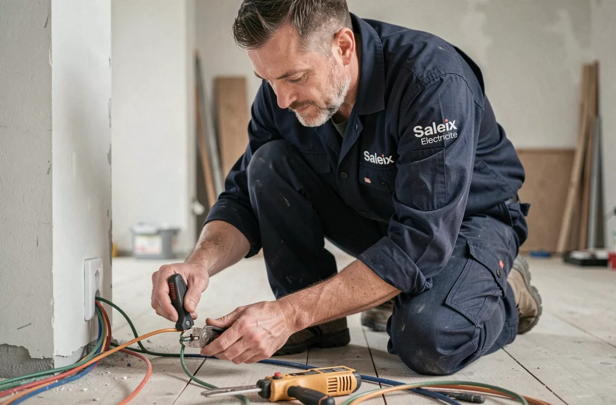Un électricien de Saleix Electricité câblant une prise électrique dans une maison neuve en Corrèze