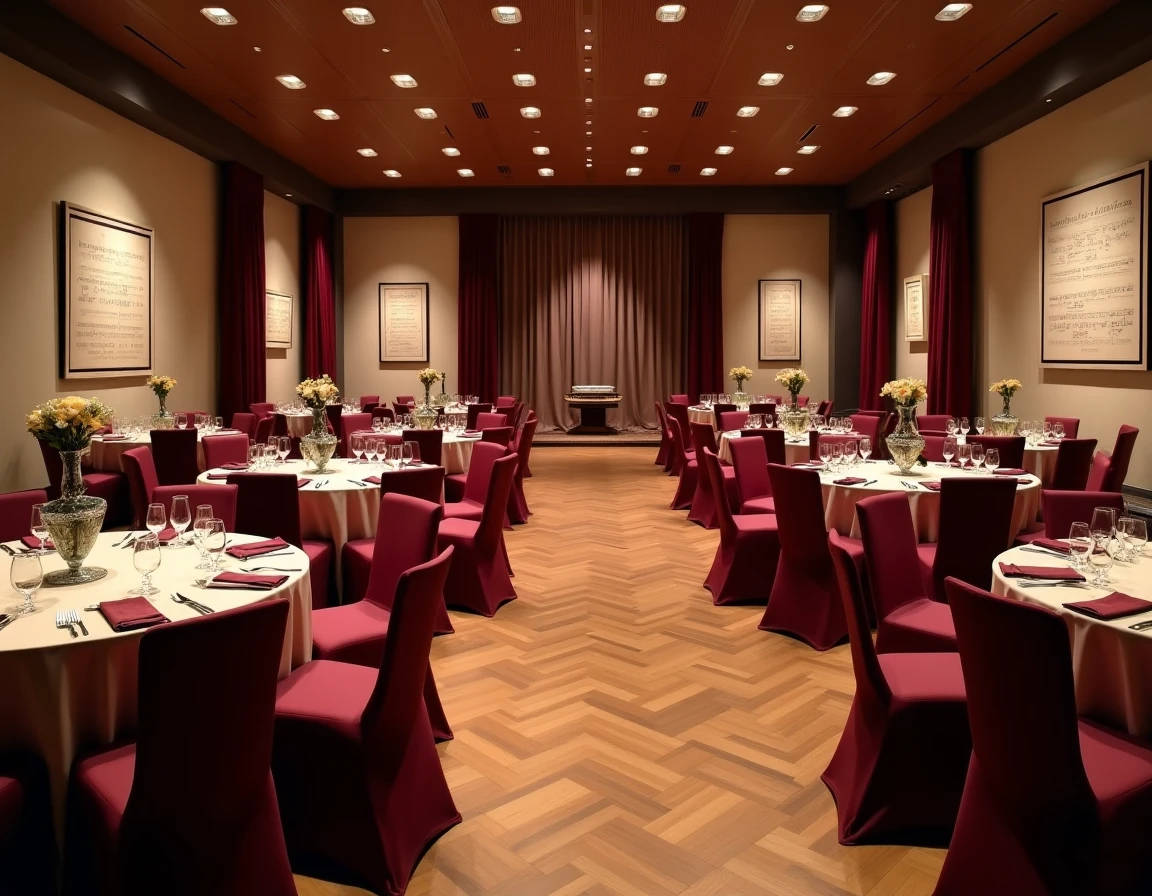 Salle Mélodie décorée pour un événement privé avec scène, parquet et ambiance musicale chaleureuse