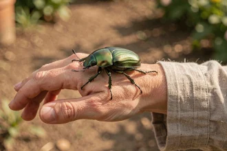 Scarabée irisé vert posé sur la main d'une femme en pleine journée dans un jardin, symbole spirituel de la nature