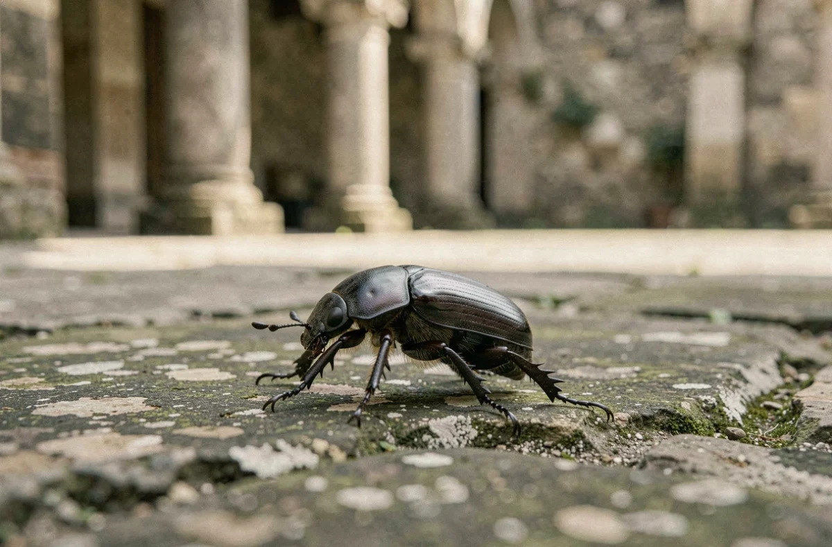 Scarabée noir marchant sur une pierre ancienne en plein jour, évoquant la symbolique spirituelle et les signes de la nature