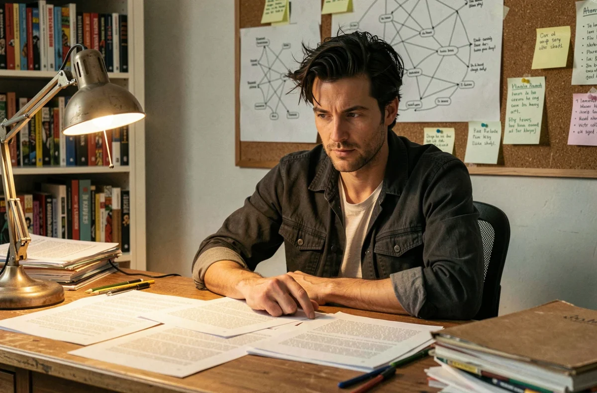 Scénariste travaillant sur un scénario alternatif pour Amazing Spider-Man 3 dans un bureau encombré de notes