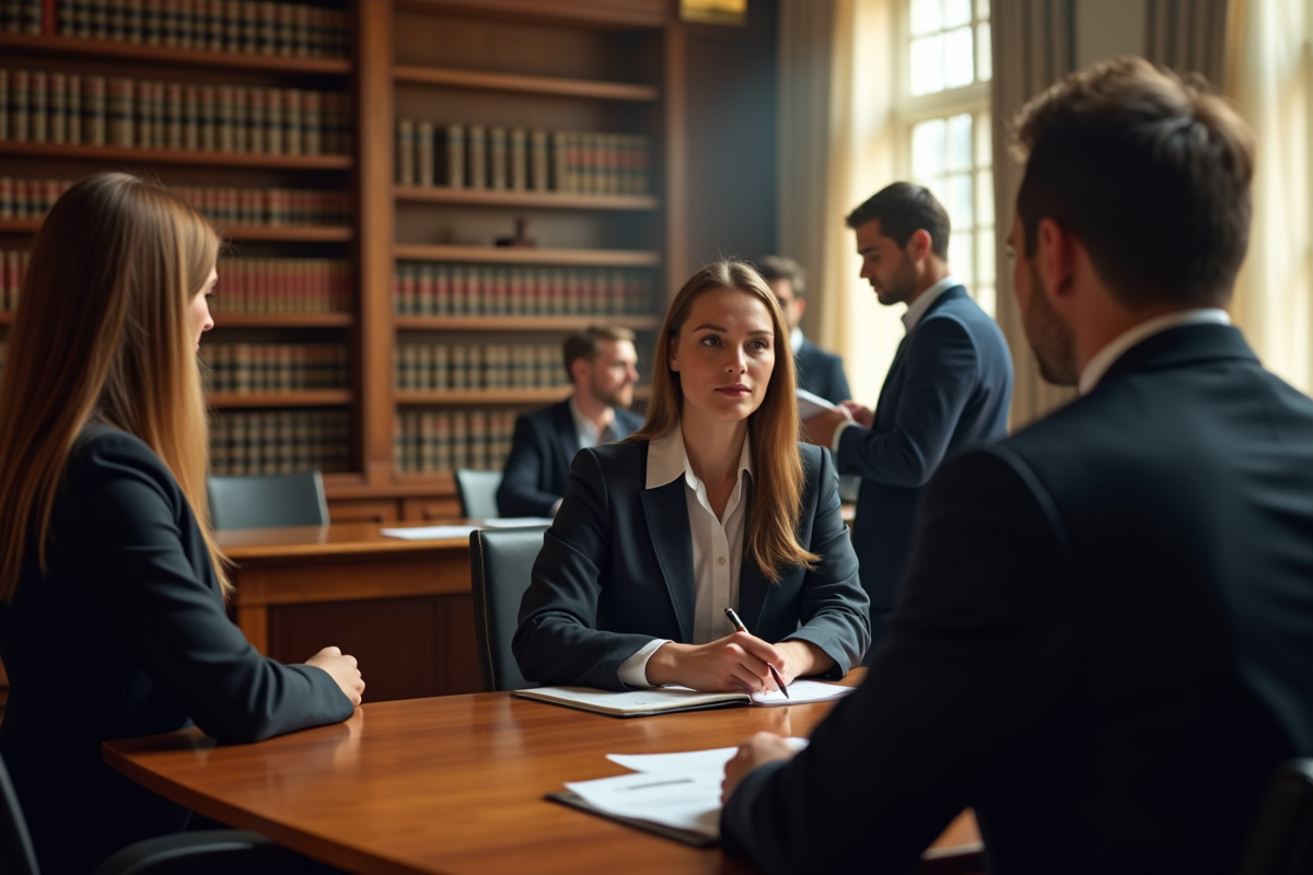 Scène de cour vue de dos avec greffier et avocats dans la salle