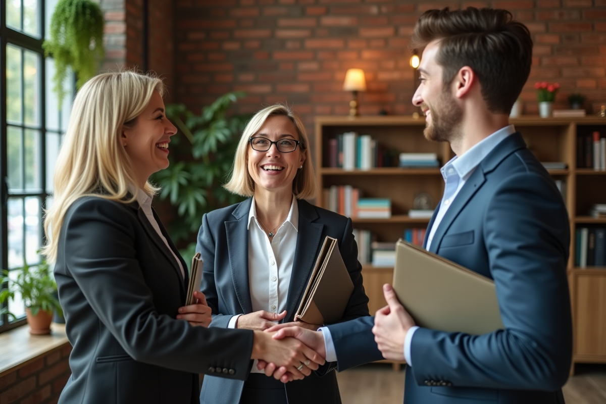 Trois collègues se serrant la main dans un espace de coworking