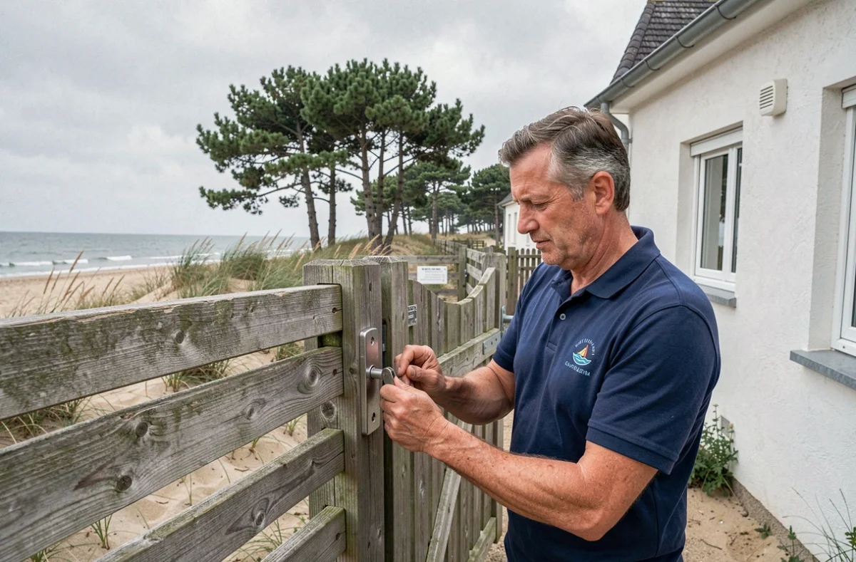 Serrurier de la Côte installant une serrure sur un portail de maison de bord de mer en Vendée
