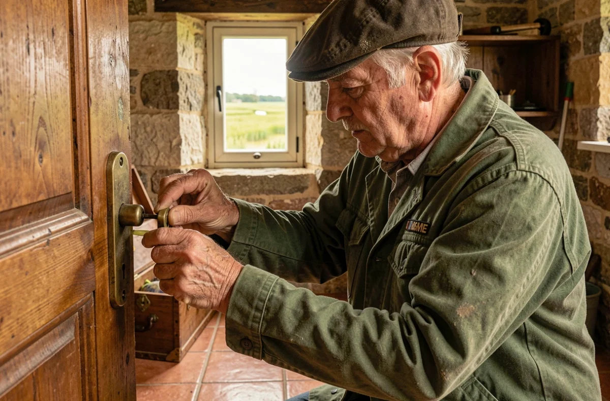 Lucien Jourdan de la Serrurerie du Marais entretenant une serrure ancienne dans une maison du marais vendéen