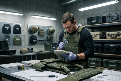 Spécialiste en équipement balistique examinant un gilet pare-balles modulaire dans un laboratoire de test professionnel