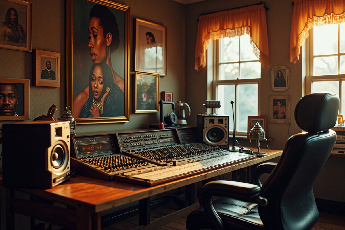 Studio de hiphop vintage avec vinyles et portraits de rappeur célèbre