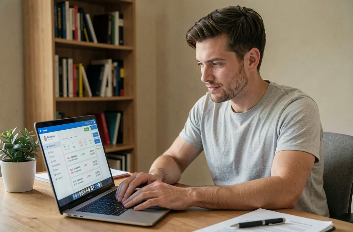 Homme consultant le suivi de plusieurs colis DPD sur un ordinateur portable dans un bureau à domicile
