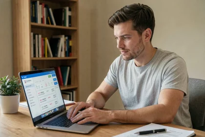 Homme consultant le suivi de plusieurs colis DPD sur un ordinateur portable dans un bureau à domicile