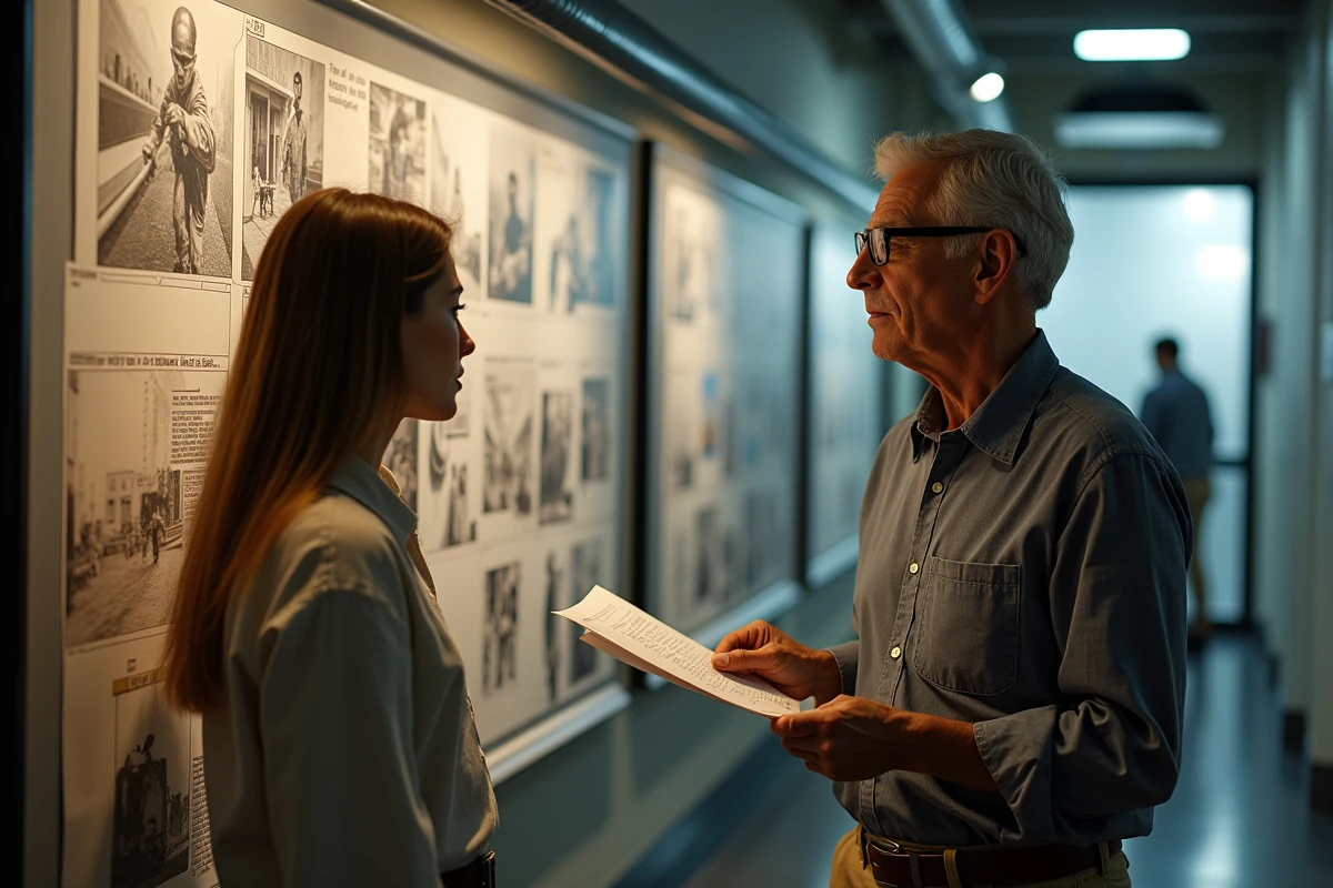 Superviseur des effets visuels discutant du storyboard de séquences d'action Marvel avec une assistante réalisatrice dans un bureau de production