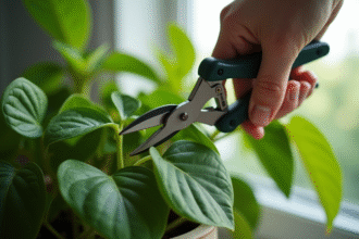 Main taillant un pothos aux feuilles vertes vives