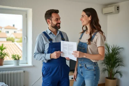 Technicien HVAC expliquant une checklist à une femme souriante