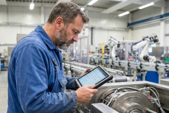 Technicien en usine vérifiant une tablette numérique