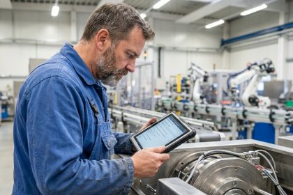 Technicien en usine vérifiant une tablette numérique