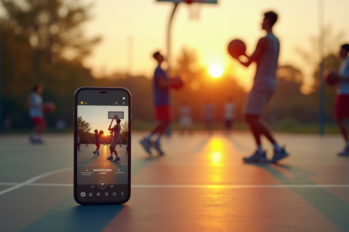 Court de basketball en extérieur avec smartphone en premier plan