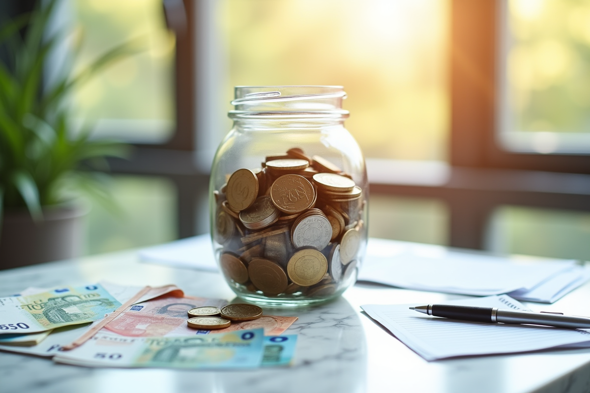 Tirelire remplie de pièces et billets avec listes de courses