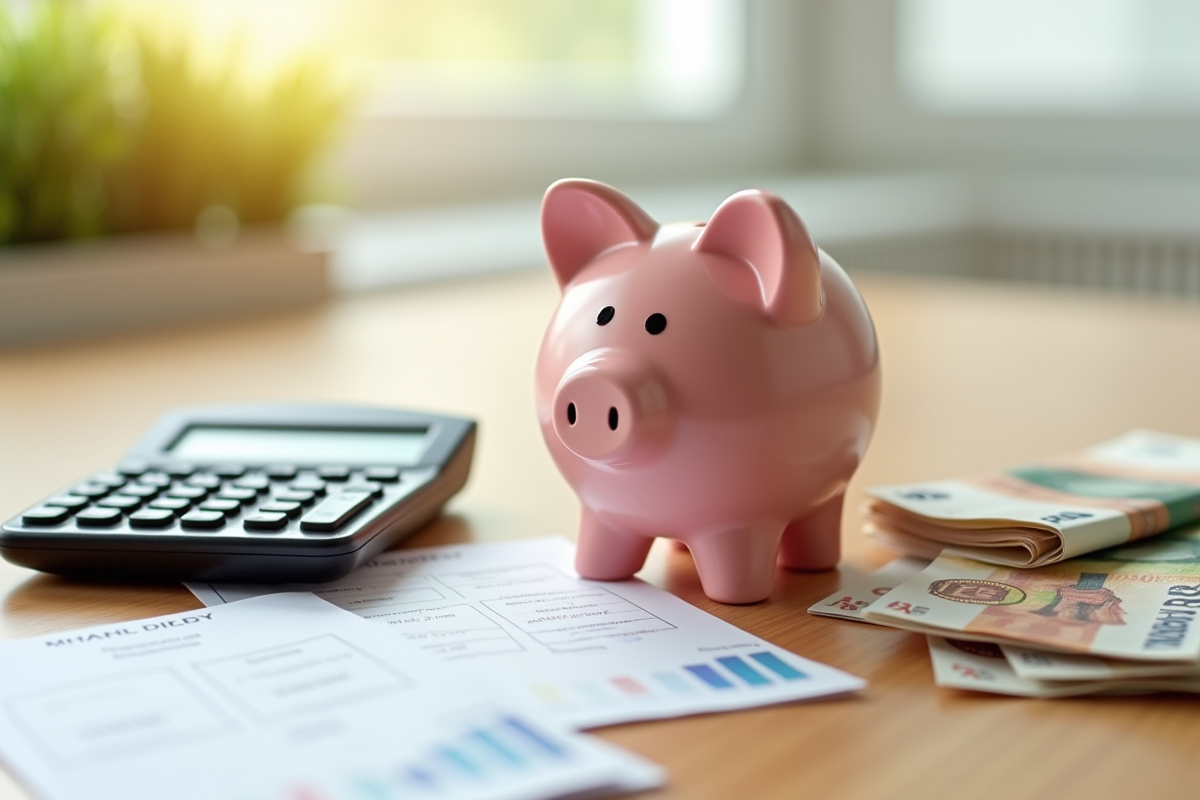 Tirelire en forme de maison avec calculatrice et billets euros sur une table