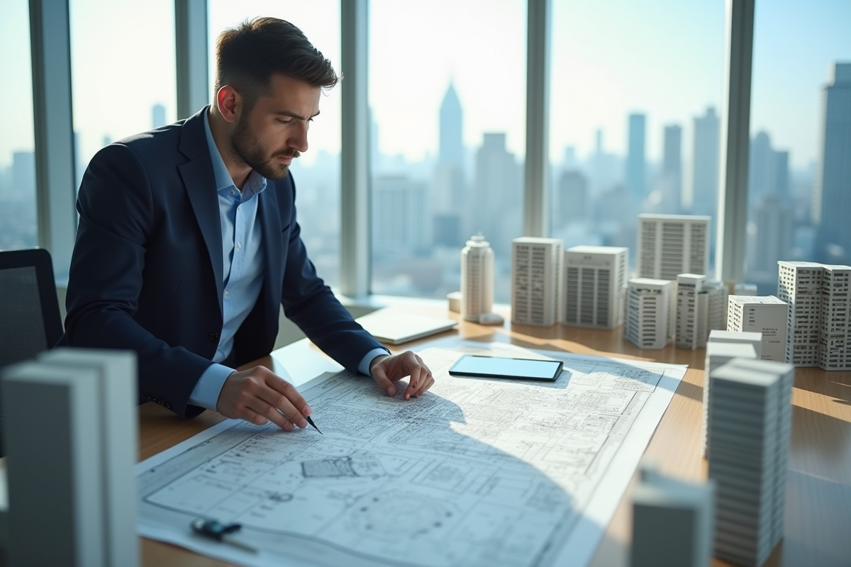 Urbaniste étudiant une carte avec plans et tablettes dans un bureau lumineux